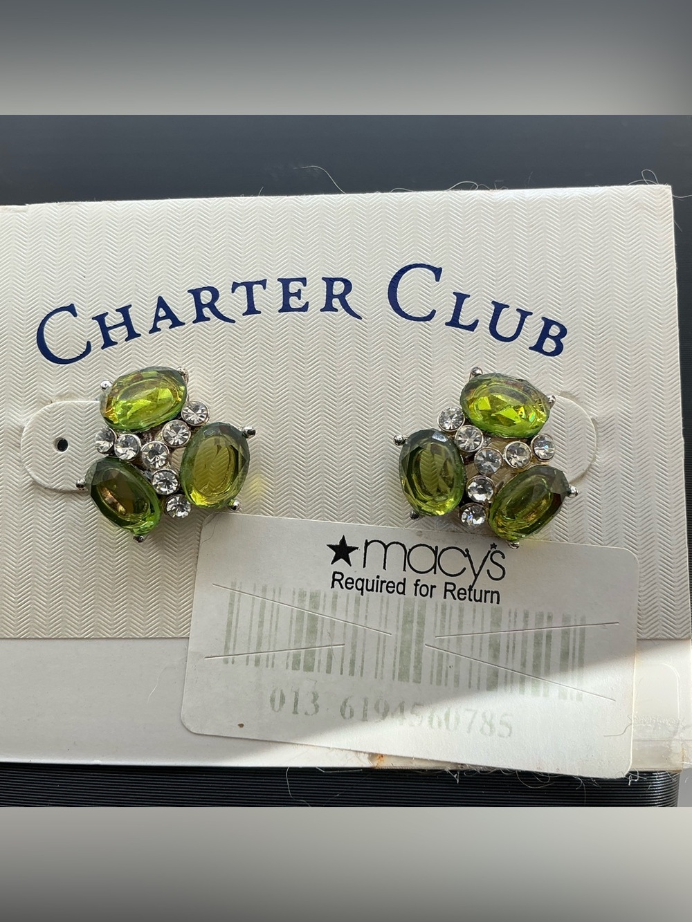 Charter Club Silver Tone Green Cluster Stud Earrings With Clear Accent Stones